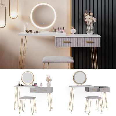 Vicco Zoey bílý šedý Designová 120x76 cm moderní ložnice s úložným prostorem Dotykový spínač Make-Up Tab – Sleviste.cz