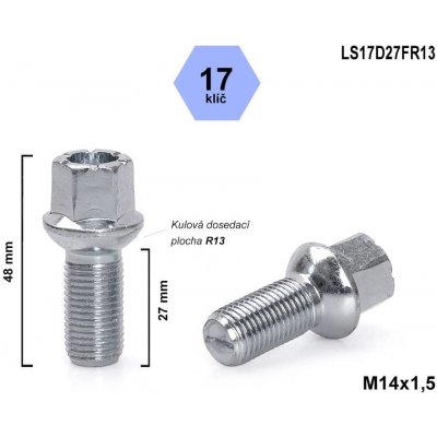 Kolový šroub M14x1,5x27 kulový R13, WHT002437, Audi, Seat, Škoda, VW, klíč 17, LS17D27FR13, výška 48 mm – Zboží Mobilmania