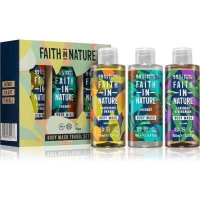 Faith In Nature Body Wash Grapefruit & Orange energizující sprchový gel 100 ml + Coconut hydratační sprchový gel 100 ml + Lavender & Geranium relaxační sprchový gel 100 ml dárková sada