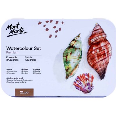 Mont Marte sada akvarelových barev, 18ks, štětec, houbička, paleta, č.0066, kovový box – Sleviste.cz
