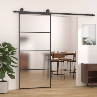 zahrada-XL Posuvné dveře mléčné ESG sklo a hliník 90 x 205 cm černé – Hledejceny.cz