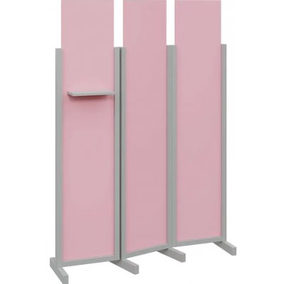 Atmosfere LINE 319 dřevěný 3-dílný paraván mobilní výška 1900 mm rám šedá výplň pastelově růžová polička – Sleviste.cz