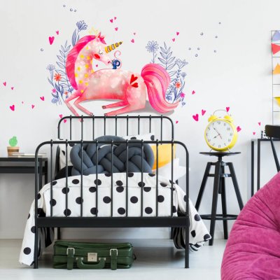 INSPIO Samolepka Samolepky na zeď dětské - Růžový jednorožec víly a korunky, koně, jednorožci, kolekce, akvarelové samolepky růžová, plnobarevný motiv rozměry 80x90