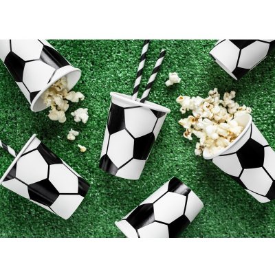 PartyDeco Papírové kelímky Fotbal bílé s černým potiskem