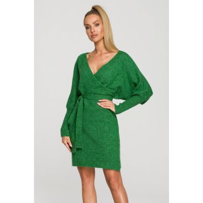 MOE Zavinovací svetrové šaty s vázáním M714 zelená – Zboží Mobilmania