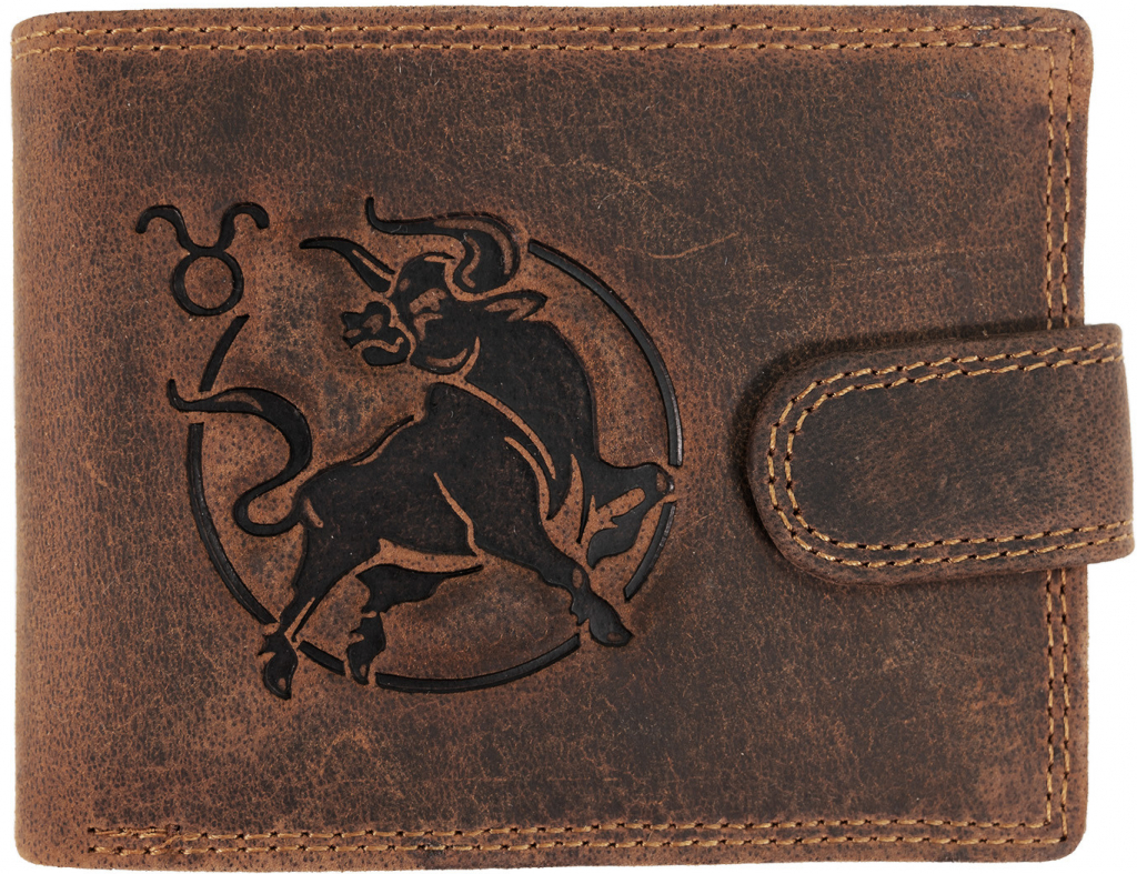 WILD Pánská kožená peněženka s přeskou s obrázky znamení BÝK hnědá