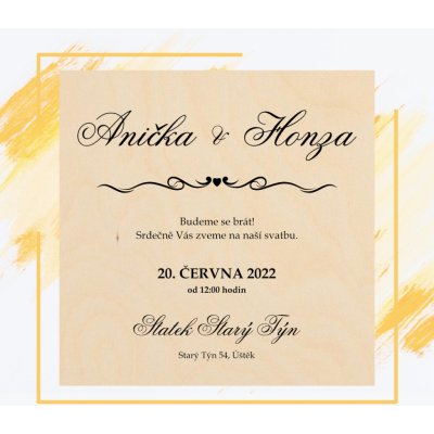 Dřevěné svatební oznámení s popiskem - Marginibus - Topol, 100 x 100 mm – Zboží Dáma