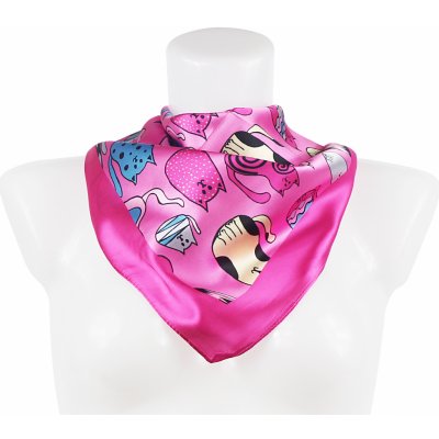 Biju dámský hedvábný šátek RR3050-01 letuška s potiskem koček neonově růžové 7200619-7 – Zboží Mobilmania