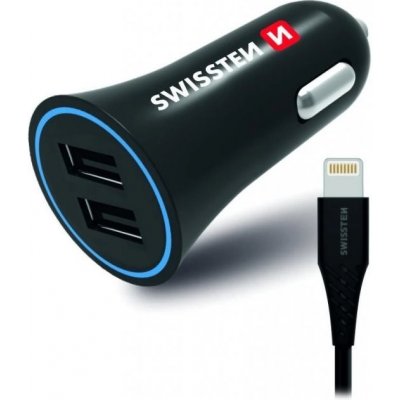 SWISSTEN napájecí adaptér 2× USB + Lightning kabel Napájecí adaptér, do auta, 12W, 2× USB, vstup 12–24V, výstup max. 2,4A, černý + Lightning kabel 20110910 – Zbozi.Blesk.cz