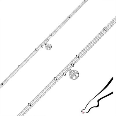 Šperky eshop Dvojitý náramek na kotník ze stříbra strom života v obruči korálky R18.20