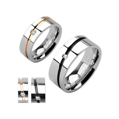 Šperky eshop Ocelové snubní prsteny stříbrný zlatý pruh černý pruh se zirkonem D13.10