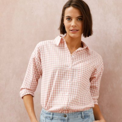 Dlouhá košile s vichy kostkou růžová šedá/bílá – Zboží Mobilmania