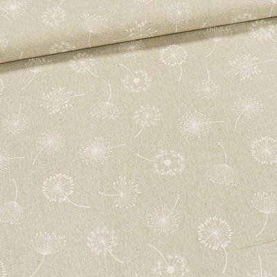 Směsové plátno CALIPSO BLOOM, bílé chmýří pampelišky na režné, š.140cm (látka v metráži) – Zboží Dáma