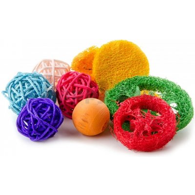 JK Animals mix hraček ratanové koule dřevěná kulička a lufa houba hračka pro hlodavce 4–8,5 cm