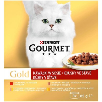 Gourmet Gold hovězí krůta s kachnou losos s kuřetem kuře s játry ve šťávě 8 x 85 g