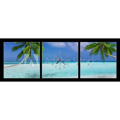 Obraz s hodinami 3D třídílný - 150 x 50 cm - Traumstrand in den Tropen mit trkisem Meer, Kokosnusspalmen und feinem Sand Dream beach v tropech s tyrkysovým mořem, kokoso – Zboží Mobilmania