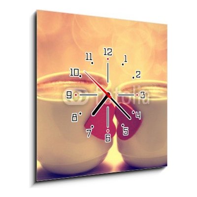 Obraz s hodinami 1D - 50 x 50 cm - Two coffee cups with red hearts as a kissing lips Dva kávové šálky s červenými srdci jako líbání rty