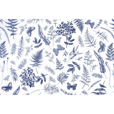 Darré Krepová látka V kapradinách bílomodrá - 2. jakost krep – Sleviste.cz