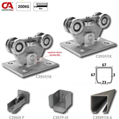 PICCOLO INOX (67x67 mm) nerezový samonosný systém pro posuvné brány do 200 kg/ otvor: 4 m (C399P-IX 1x6 m nerezový profil, C395P-IX 2 ks, C397P-IX 1 ks, C396P-IX 1 ks), nerez AISI304 bez povrch. úprav