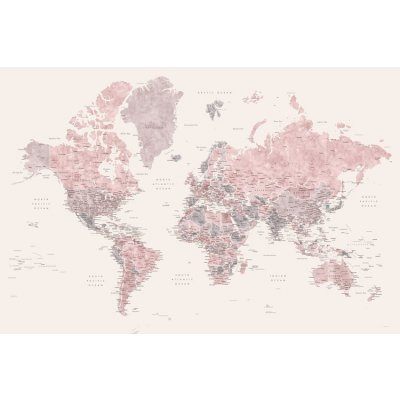 Mapa Detailed watercolor world map in dusty pink and cream, Madelia, Blursbyai, 40 × 26.7 cm – Zboží Dáma