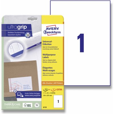 Avery Zweckform 6119 univerzální etikety 210,0 x 297,0 mm 30 etiket bílé – Hledejceny.cz