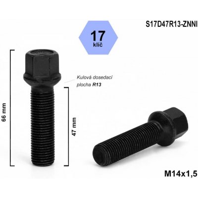 Kolový šroub M14x1,5x47 koule R13, klíč 17, S17D47R13-ZNNI, černý, výška 66 mm | Zboží Auto