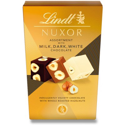 Lindt Nuxor Mléčná, hořká a bílá čokoláda s celými a mletými jádry lískových ořechů 150 g – Sleviste.cz