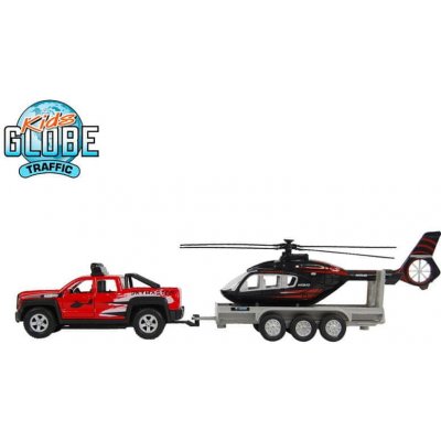 Kids Globe Traffic auto terénní 13 cm kov na zpětný chod s přívěsem + helikoptéra 20 cm v krabičce