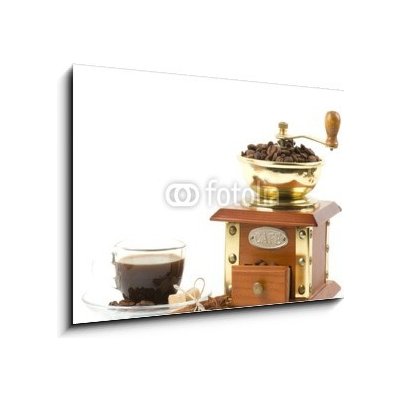 Skleněný obraz 1D - 100 x 70 cm - Coffee grinder and little coffee cup Kávovar a malý šálek kávy – Hledejceny.cz