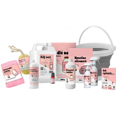 Úklid pro klid Balíček: Bílý ocet 5 l, Kyselina citronová 1 kg, Jedlá soda 2 kg, Peroxid vodíku 1 l, Rozprašovač 500 ml, Rozprašovač 300 ml, Esenciální olej citrón 10 ml – HobbyKompas.cz