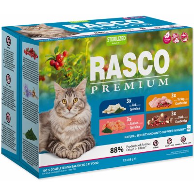 Rasko Premium Cat Pouch Sterilized 3 x salmon 3 x cod 3 x duck 3 x turkey 12 x 85 g