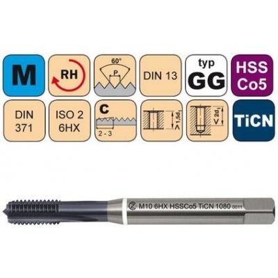NÁSTROJE CZ Závitník strojní M10x1,5 6HX HSSCo5 TiCN DIN 371 C - 1080 - CZZ1080-M10-6HX – Hledejceny.cz