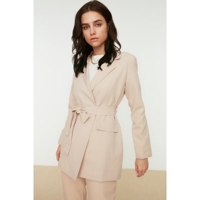 Trendyol Beige Belted Pocket Detailed Blazer Woven Jacket krémová – Zboží Dáma