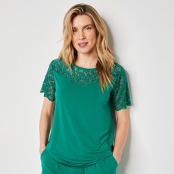 Blancheporte Jednobarevné tričko s krajkou smaragdová