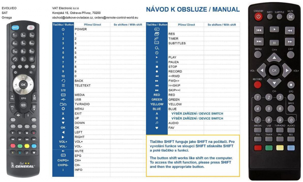 Dálkový ovladač General Evolveo OMEGA T2, DT-3060, DT-4060 GAMMA T2