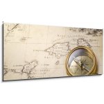 Obraz 1D panorama - 120 x 50 cm - old compass and rope on vintage map 1732 starý kompas a lano na vinobraní mapě 1732