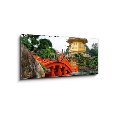 Obraz s hodinami 1D panorama - 120 x 50 cm - The Golden pavilion and red bridge in Nan Lian Garden, Hong Kong Zlatý pavilon a červený most v Nan Lian Garden, Hong Kong – Hledejceny.cz