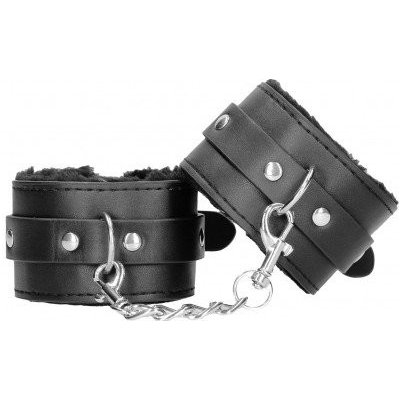 Shots Ouch! Black & White Plush Bonded Leather Wrist Cuffs pouta na ruce s plyšovým polstrováním