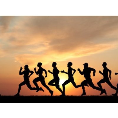 WEBLUX 41044614 Fototapeta plátno Marathon Maraton černé siluety běžců na západ slunce rozměry 330 x 244 cm