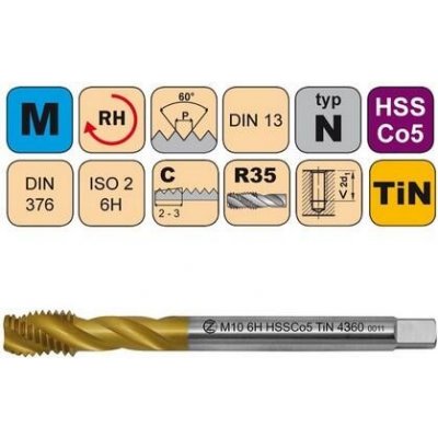 NÁSTROJE CZ Závitník strojní M20x2,5 ISO2 HSSCo5 TiN DIN 376 RSP35 - 4360 - CZZ4360-M20-ISO2 – Zboží Mobilmania