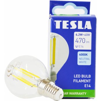 Tesla LED žárovka miniglobe FILAMENT RETRO E14, 4W, 230V,470lm,25 000h, 4000K denní bílá