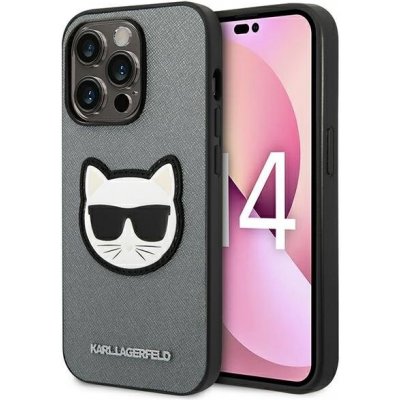 Pouzdro Karl Lagerfeld Phone 14 PRO Saffiano Choupette Head Patch stříbrné