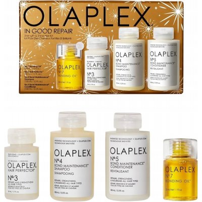 Olaplex Retail holiday šampon No. 4 100 ml + kondicionér No. 5 100 ml + intenzivní kúra No. 3 100 ml + olej No.7 30 ml dárková sada – Zboží Mobilmania