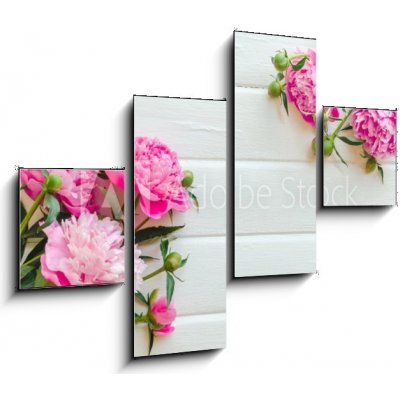 Obraz 4D čtyřdílný - 120 x 90 cm - Pink peony flowers on white wooden table. womans day or wedding background. Top view. Květy růžové pivoňky na bílém dřevěném stole. Ze