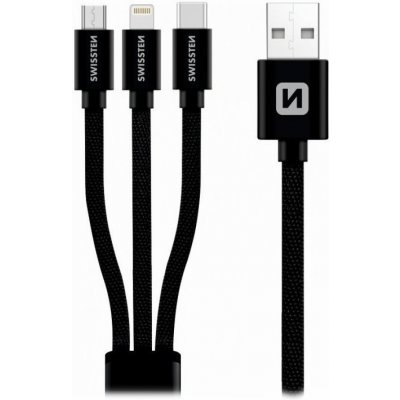 Swussteb 72501101 3in1 MFi, nabíjecí a synchronizační, USB 2.0 (M) na micro USB (M), USB-C (M) a Lightning (M), opletený, 1,2m, černý – Zbozi.Blesk.cz