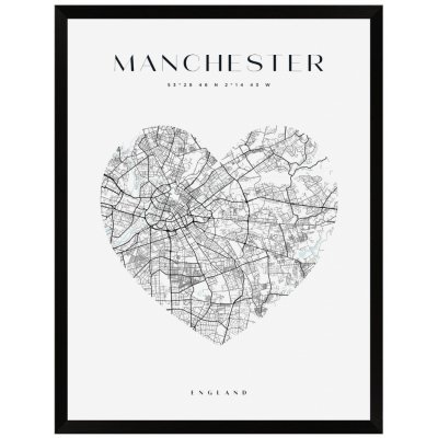 Plakát Mapa města Manchester srdce 24X30 cm + černý rám