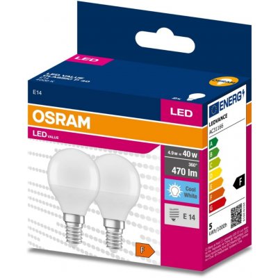 Osram 2PAK LED žárovka LED E14 P45 4,9W = 40W 470lm 4000K Neutrální bílá 200° VALUE – Hledejceny.cz