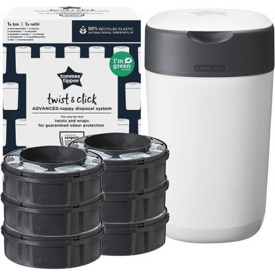 Tommee Tippee Twist & Click Advanced Kyblík na pleny včetně 6 kazet s antibakteriální fólií z udržitelných zdrojů Green v bílé barvě. – Zbozi.Blesk.cz