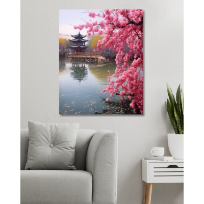 ZUTY Obrazy na stěnu - Japonský chrám u růžové sakury Rozměr: 40x50 cm, Rámování: vypnuté plátno na rám