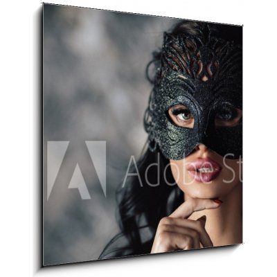Skleněný obraz 1D - 50 x 50 cm - portrait of sexy beautiful woman in lace black erotic lingerie and carnival mask on dark background portrét sexy krásná žena v krajkové